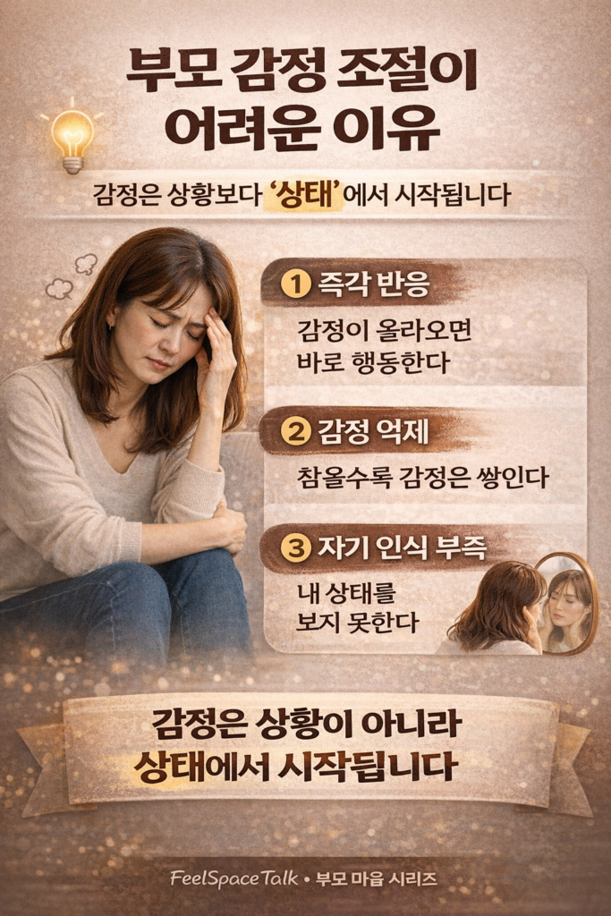 부모 감정 조절이 어려운 이유 인포그래픽, 즉각 반응·감정 억제·자기 인식 부족 설명, 감정은 상태에서 시작된다는 육아 심리 콘텐츠