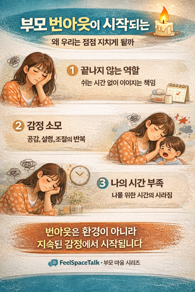 부모 번아웃이 시작되는 이유와 감정 소모 구조를 설명하는 육아 심리 인포그래픽