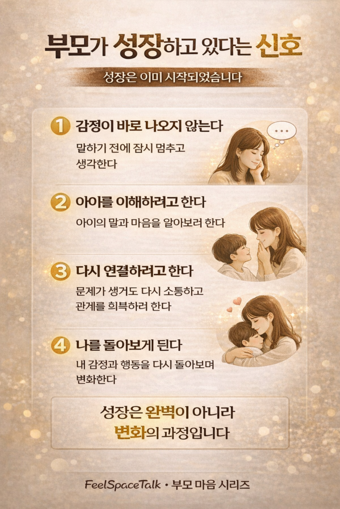 부모의 감정 조절과 관계 회복을 통해 나타나는 성장 신호 4가지를 한눈에 정리한 인포그래픽