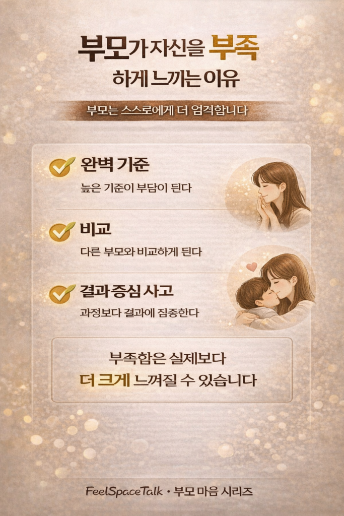 부모가 느끼는 부족함은 기준과 비교에서 비롯되며, 실제보다 더 크게 느껴질 수 있습니다