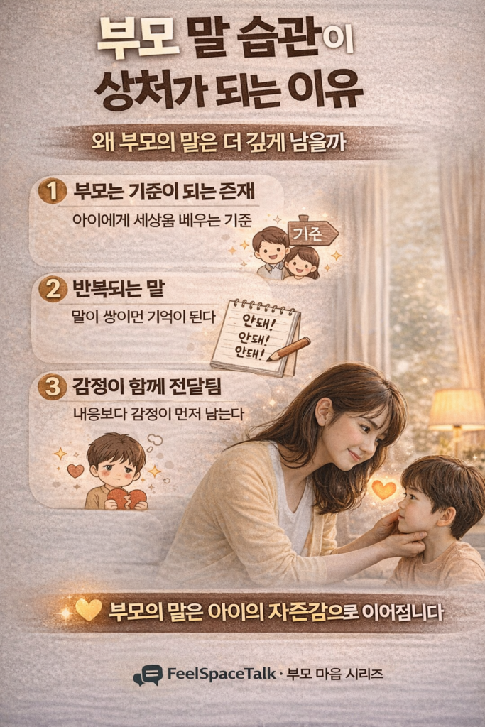 부모의 말 습관이 아이의 자존감에 미치는 영향을 설명한 육아 심리 인포그래픽