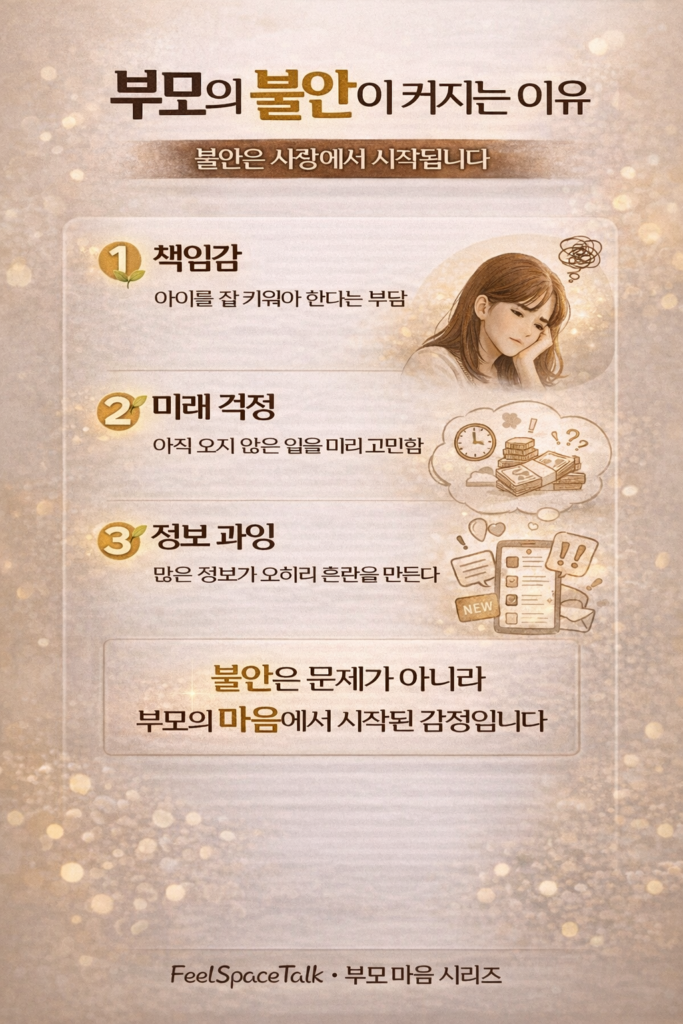 부모의 불안은 책임감·미래 걱정·정보 과잉에서 시작되며, 사랑에서 비롯된 자연스러운 감정입니다