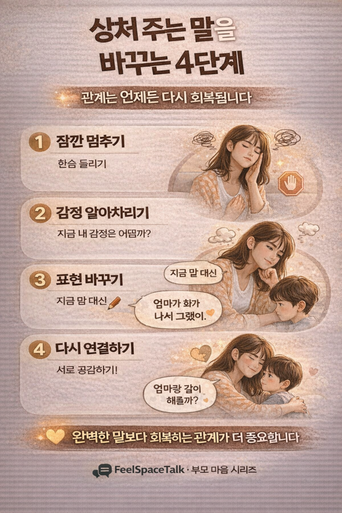 상처 주는 말을 바꾸는 4단계 방법과 관계 회복 과정을 설명한 부모 소통 인포그래픽