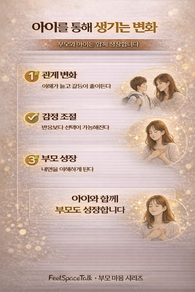 아이와의 관계 속에서 이해와 감정 조절이 깊어지며 부모도 함께 성장하게 됩니다