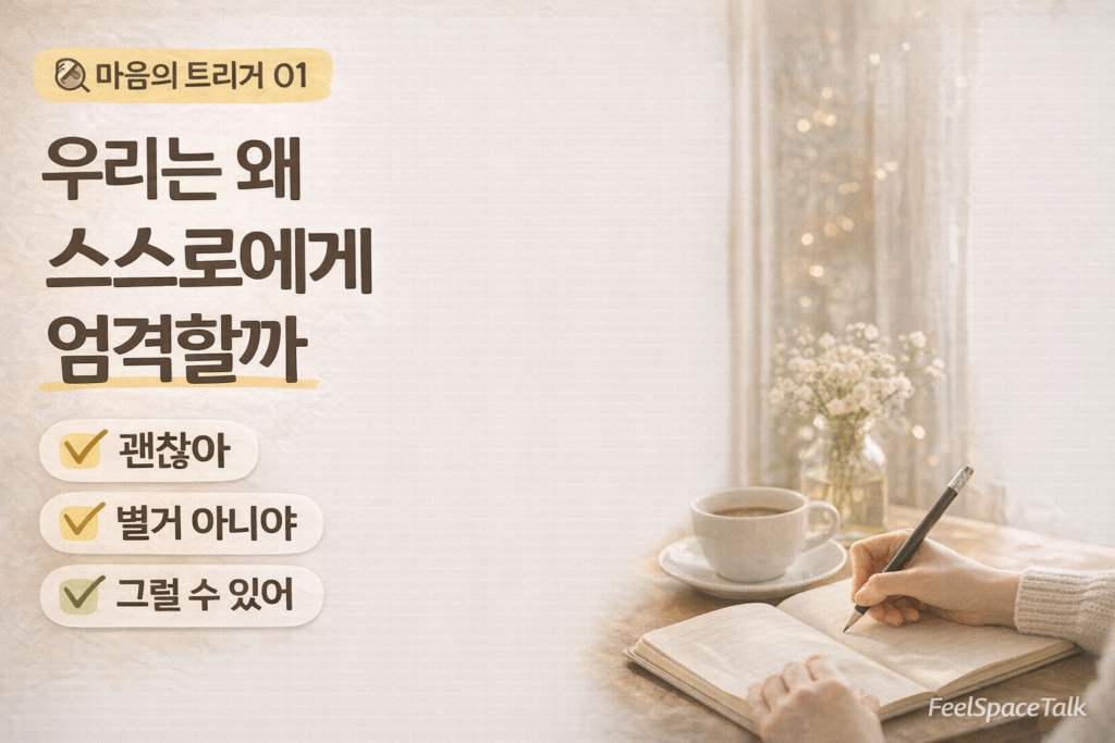 자기 성찰과 감정 회복을 주제로 한 썸네일, 따뜻한 자연광 카페에서 노트에 글을 쓰는 손과 커피잔 배경 위에 우리는 왜 스스로에게 엄격할까라는 문장과 괜찮아 별거 아니야 그럴 수 있어 메시지를 담은 심리 콘텐츠 FeelSpaceTalk