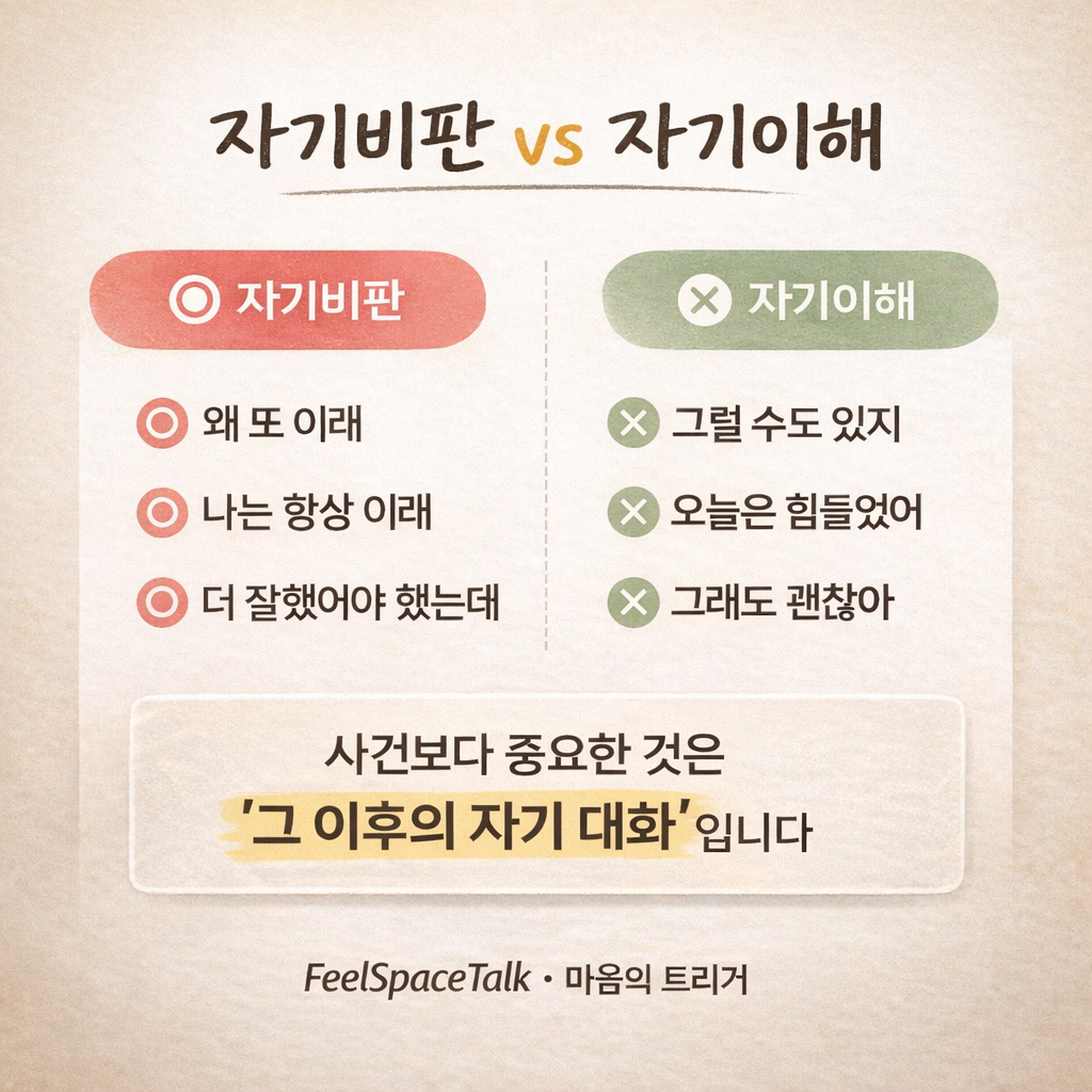 자기비판 vs 자기이해 비교 인포그래픽, 왜 또 이래 나는 항상 이래 같은 자기비판과 그럴 수도 있지 오늘은 힘들었어 그래도 괜찮아 같은 자기이해 문장을 대비하며 자기 대화의 중요성을 설명하는 심리 콘텐츠 FeelSpaceTalk