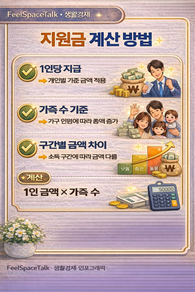 지원금 계산 방법을 설명하는 인포그래픽으로 1인당 지급, 가족 수 기준, 소득 구간별 금액 차이와 ‘1인 금액 × 가족 수’ 계산 구조를 안내하는 이미지