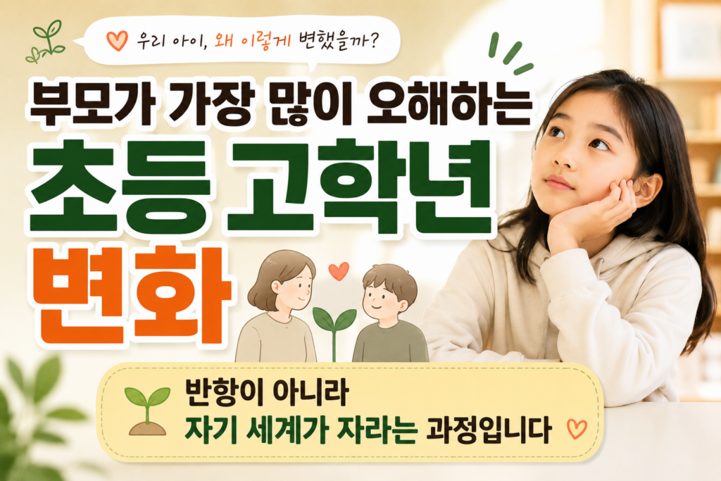 초등 고학년 시기 아이의 변화가 반항이 아닌 자기 세계와 자아가 성장하는 과정임을 따뜻하게 설명하는 워드프레스용 교육형 썸네일입니다.
