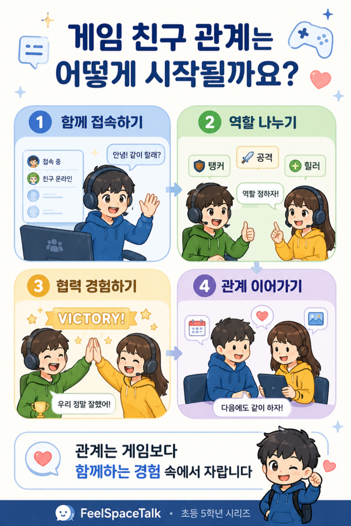 게임 속에서 친구를 만나고 협력하며 관계를 이어가는 초등 고학년 아이들의 사회성 구조를 보여주는 인포그래픽