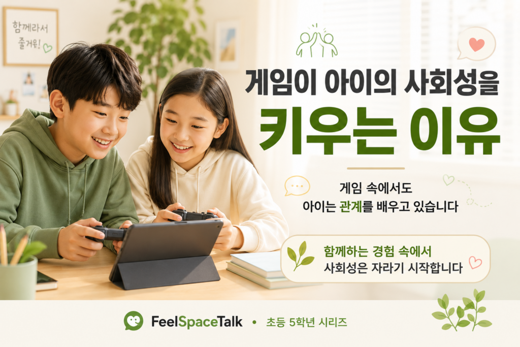 친구와 함께 게임하며 협력하고 소통하는 초등 5학년 아이들의 사회성 성장 모습을 담은 따뜻한 감성형 썸네일