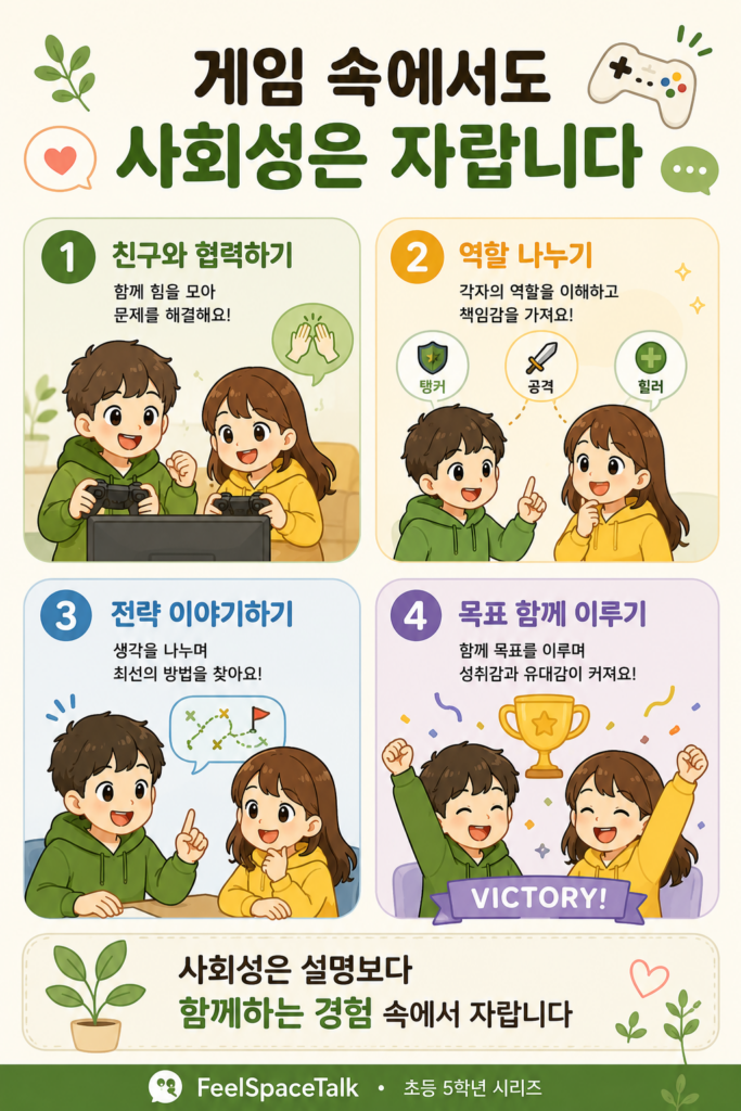 게임 안에서 협력과 역할 경험을 통해 사회성이 자라는 초등 고학년 아이들의 성장 구조를 보여주는 인포그래픽
