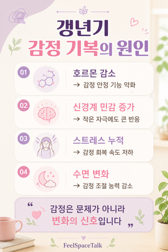 갱년기 감정 기복의 원인을 밝은 파스텔 톤으로 정리한 감성형 인포그래픽으로, 호르몬·신경계·스트레스·수면 변화를 설명한 이미지