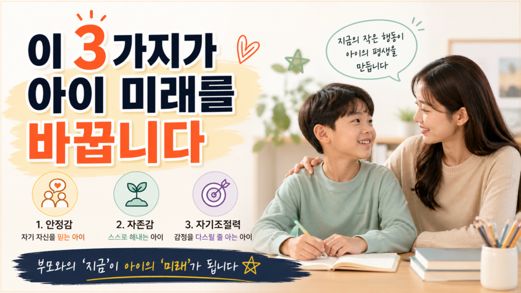 초등 고학년 아이와 엄마가 함께 공부하며 눈을 맞추는 장면 옆에 아이의 미래를 바꾸는 3가지 핵심 요소(안정감, 자존감, 자기조절력)를 강조한 가로형 썸네일