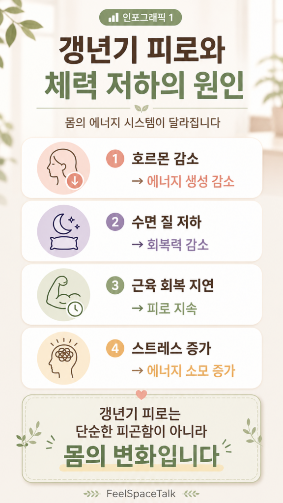 갱년기 피로와 체력 저하의 원인을 호르몬 감소, 수면 질 저하, 근육 회복 지연, 스트레스 증가로 설명한 세로형 인포그래픽