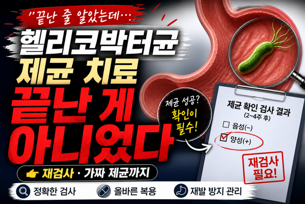 헬리코박터균 제균 치료가 끝난 뒤에도 재검사와 가짜 제균 가능성을 강조하며, 위 내부 일러스트와 검사 결과지를 활용해 “끝난 게 아니었다” 메시지를 전달하는 건강 썸네일