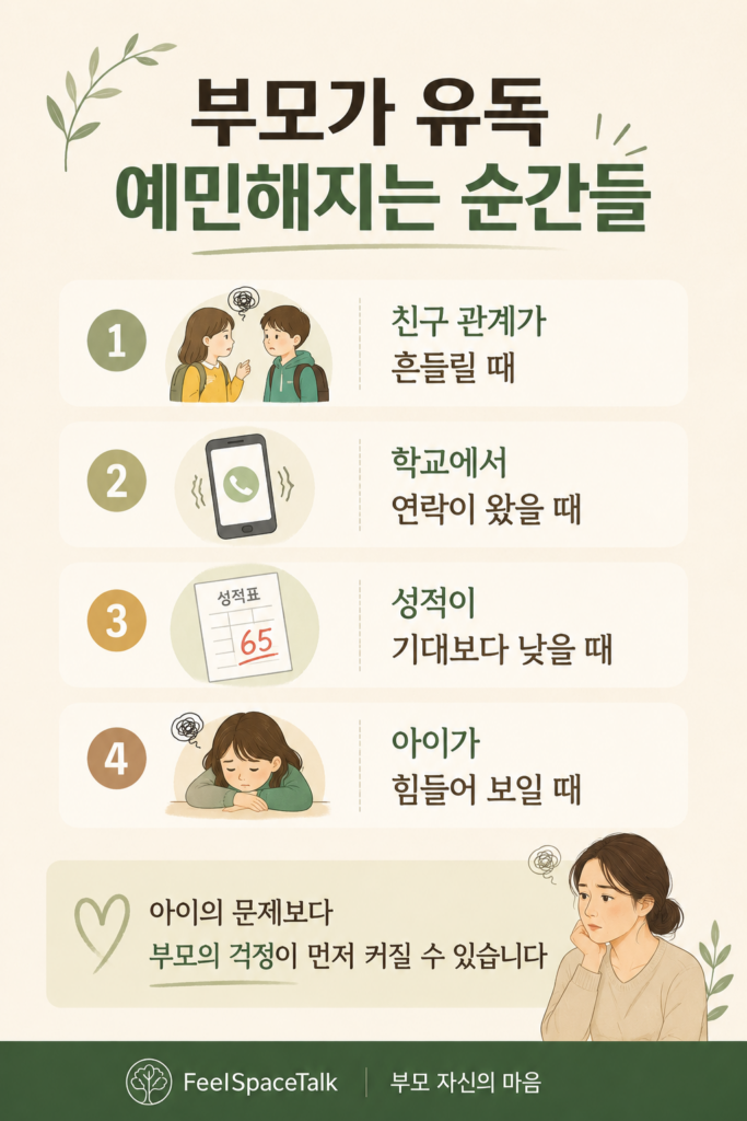 부모가 아이를 걱정하는 순간마다 커지는 불안의 마음을 이해하고 살펴보는 FeelSpaceTalk 부모 자신의 마음 시리즈 인포그래픽 🌿