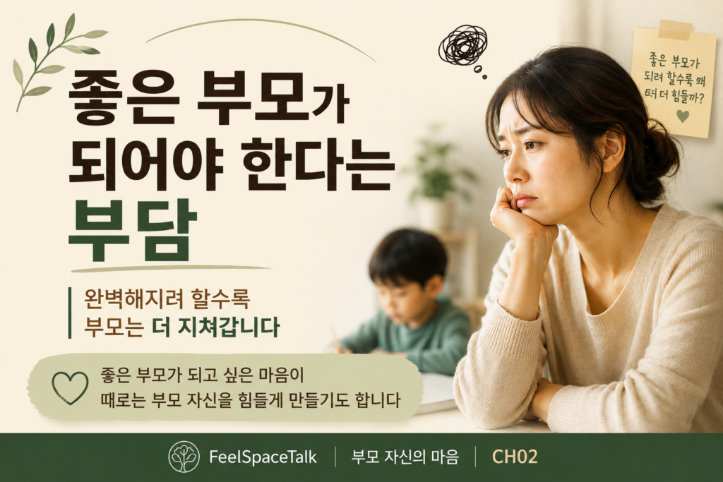 좋은 부모가 되어야 한다는 부담 속에서 지쳐가는 부모의 마음과 완벽주의 양육의 심리를 다룬 FeelSpaceTalk 부모 자신의 마음 시리즈 CH02 🌿