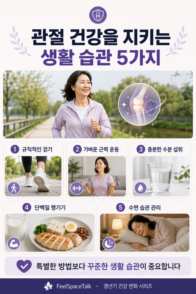 밝은 자연광 속에서 걷기와 운동, 건강한 식습관, 충분한 수면을 실천하는 중년 여성의 모습을 담은 따뜻한 건강 관리 인포그래픽.