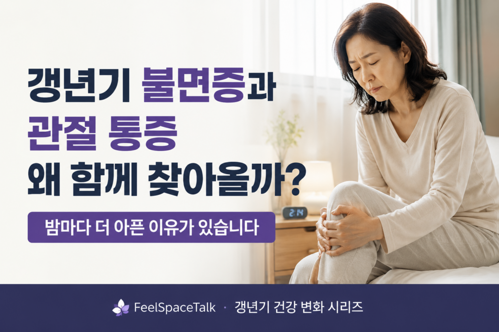잠 못 이루는 중년 여성이 무릎을 감싸 안고 앉아 있는 밝은 자연광 실사 스타일